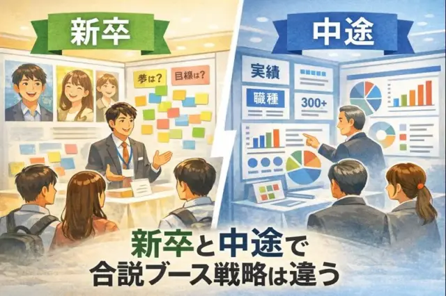 新卒向けと中途向けで異なる合同説明会ブース戦略を対比したイラスト。