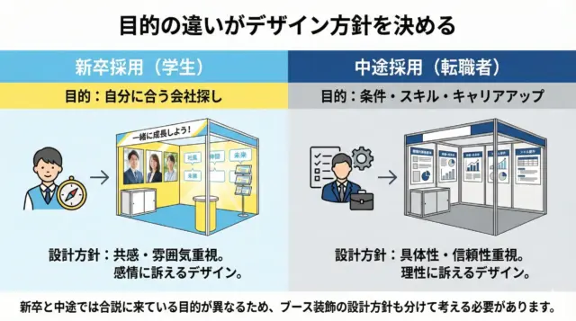 新卒と中途で目的が異なり、合同説明会ブースのデザイン方針も感情重視と具体性重視で分かれることを示した図解。