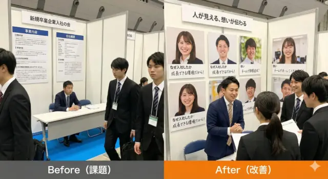 合同説明会ブースのBefore／After比較。情報中心で人が立ち止まらないブースと、社員の顔や想いを見せて学生と対話が生まれているブースの対比。