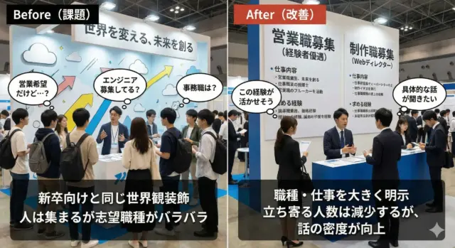 中途採用ブースのBefore／After比較。世界観重視で志望職種が分散する状態と、職種・仕事内容を明示して応募者との具体的な対話が深まっている様子の対比。