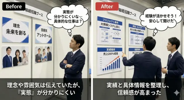 中途採用ブースのBefore／After比較。理念中心で仕事内容が伝わりにくい状態と、実績や具体情報を提示して信頼感が高まったブースの対比。