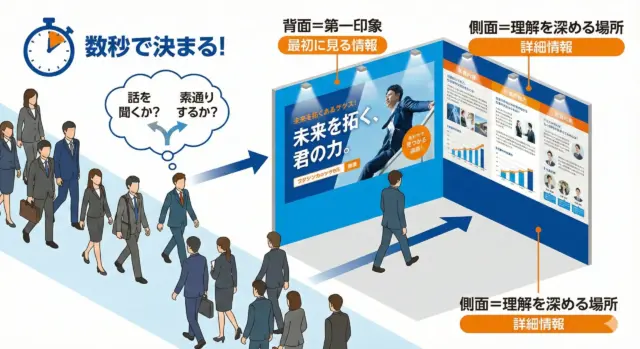 合同説明会ブースで、背面は第一印象として興味を引き、側面で詳細情報を伝えて理解を深める導線設計を示した図解。