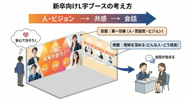 新卒向けL字ブースで、背面に人やビジョンを示して共感を生み、側面で成長やキャリアを伝えて会話につなげる設計を解説した図