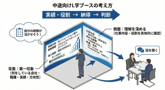中途向けL字ブースで、背面に実績や事業内容を示して第一印象で判断材料を与え、側面で仕事内容や役割を具体化して納得と対話につなげる設計を示した図。