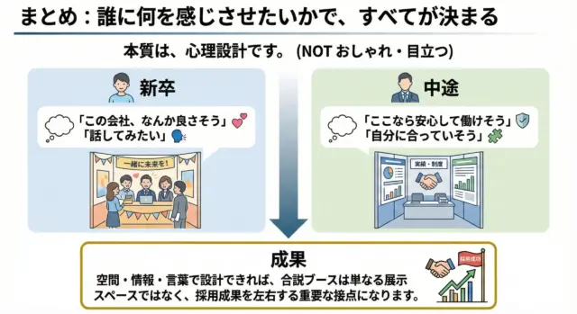 新卒と中途それぞれに感じさせたい心理を起点にブースを設計することで、採用成果につながることを示したまとめ図。