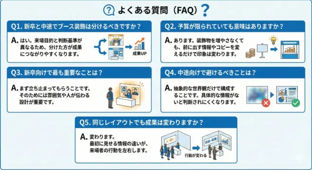 合同説明会ブース装飾に関するFAQをまとめた図で、新卒・中途の違い、予算制約時の考え方、重視点や避けるべき表現、情報の出し方による成果の差を解説している