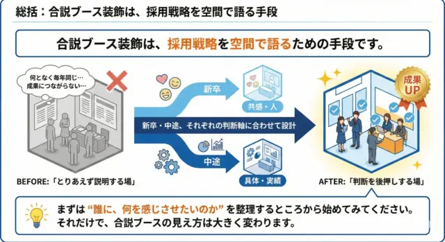 合同説明会ブース装飾を、説明の場から採用判断を後押しする場へ変える考え方を示した総括図