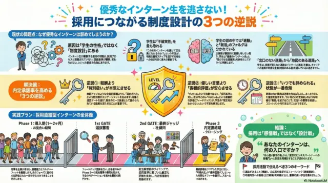 優秀なインターン生を逃さないための、採用につながる制度設計『3つの逆説』を解説したインフォグラフィック。