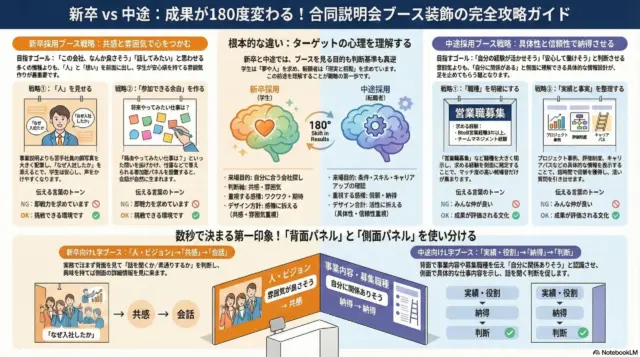 新卒と中途で成果が大きく変わる理由を、ターゲット心理・ブース戦略・パネル構成の違いから解説した合同説明会ブース装飾の総合図解。