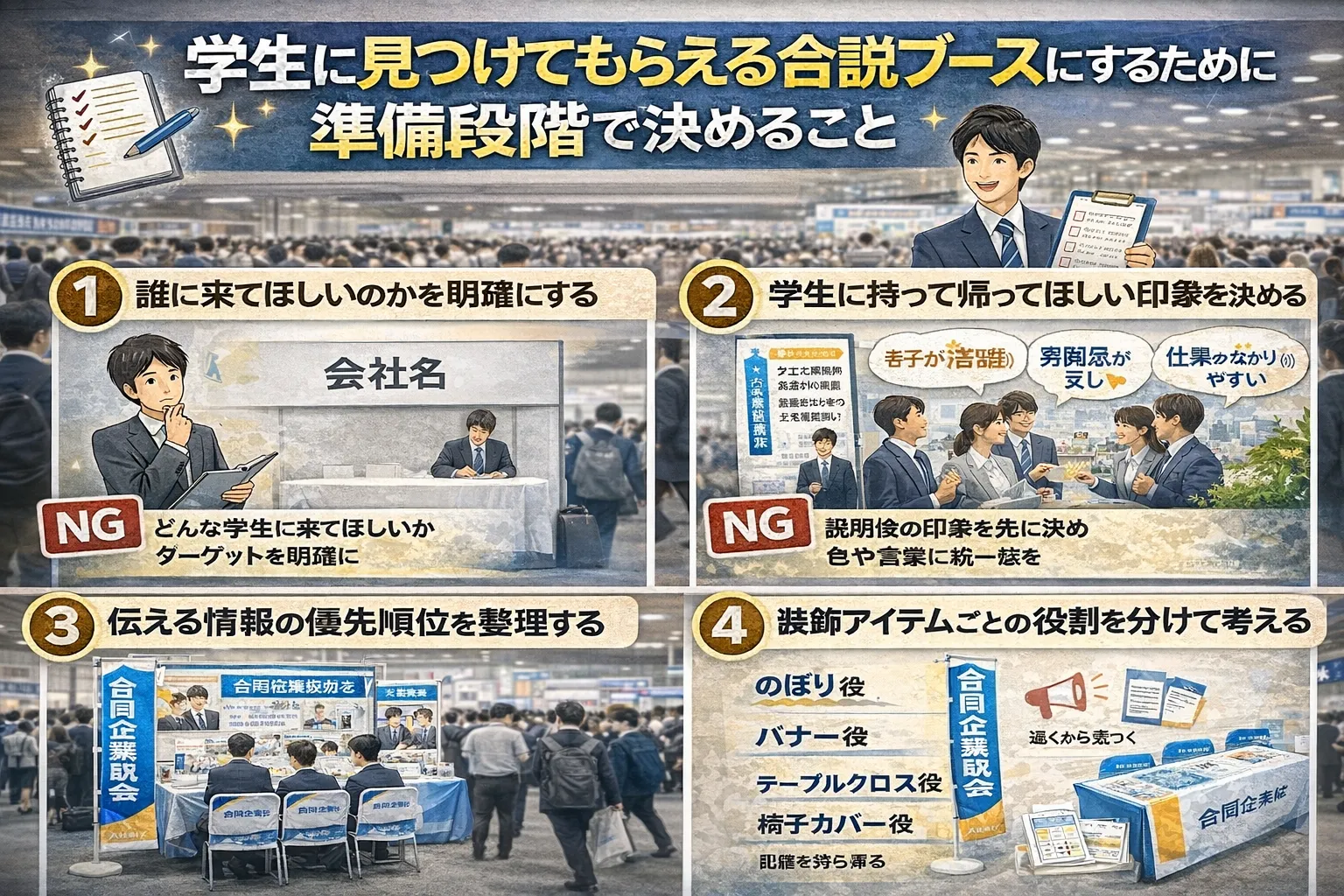 学生に見つけてもらえる合説ブースにするために事前段階で決める事