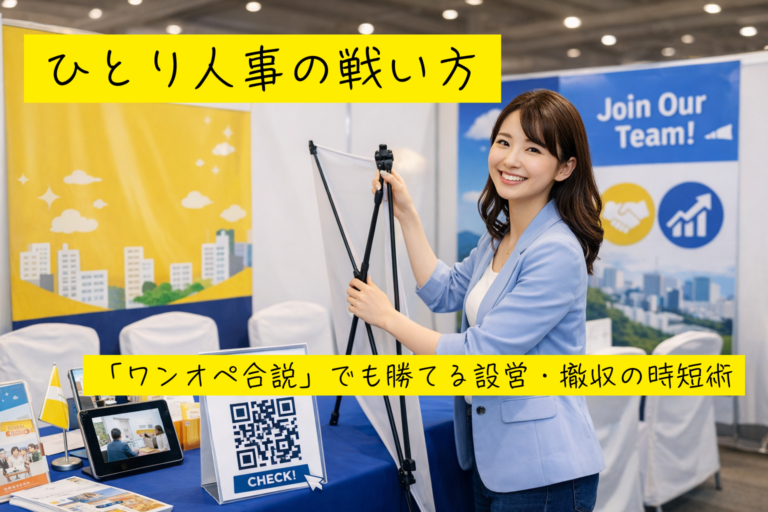 採用担当者が1人で合同説明会を運営する際の負担を減らすため、設営・撤収を時短する手順や軽量ツールの選び方、QR活用、活気あるブースづくりのコツを解説します！