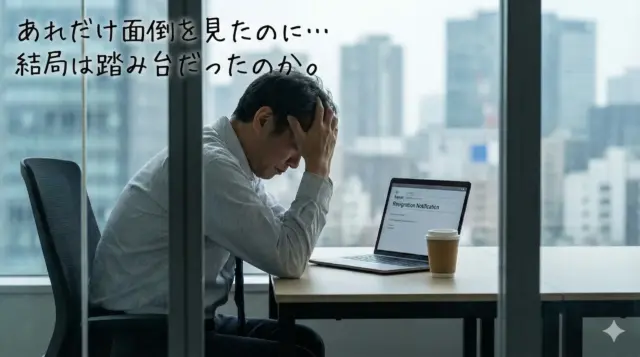 オフィスで頭を抱え、内定辞退を表示したパソコンを見る男性。