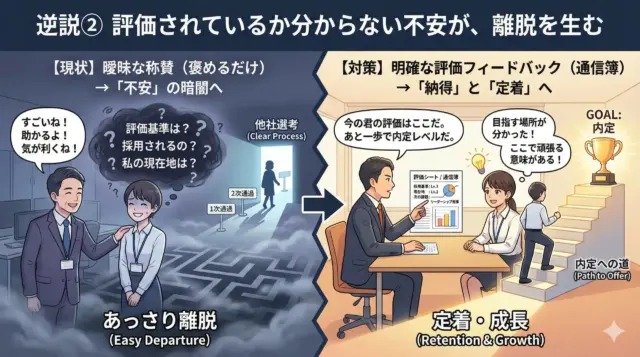 評価が不明確な状態による離脱と、明確な評価フィードバックによる定着・成長を対比した図解。