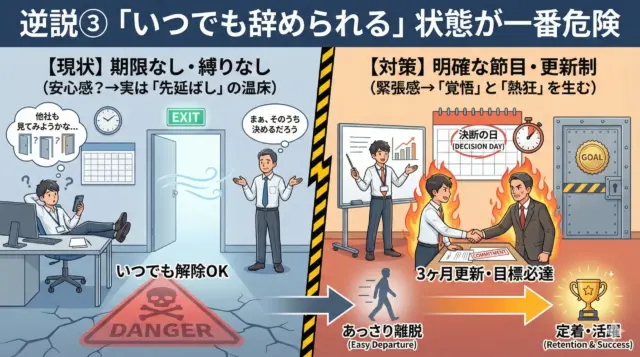 『いつでも辞められる』状態による離脱と、期限や節目を設けた制度による定着・活躍を対比した図解。