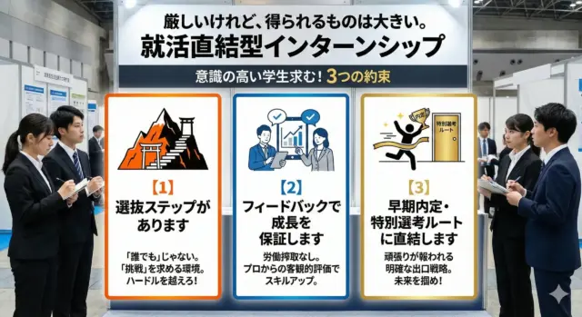 就活直結型インターンシップの特徴を、選抜ステップ・フィードバック・早期内定の3点で示した合同説明会ブース展示。