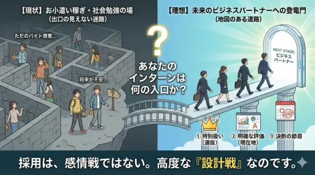 「出口の見えないインターンの現状と、明確な評価と選抜によりビジネスパートナーへ進む理想像を対比した図解。」