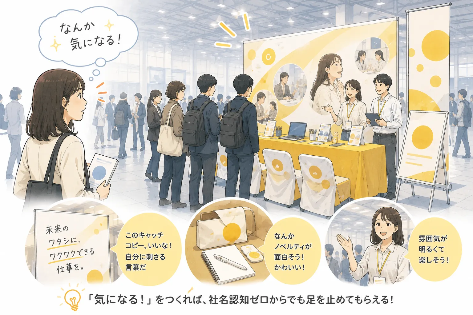 合同説明会で学生が興味を持つ明るく装飾された採用ブース