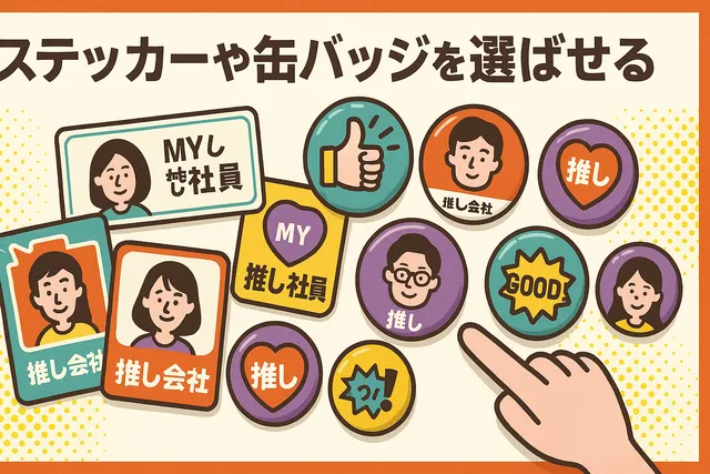 ステッカーや缶バッジを複数パターン用意し、学生に